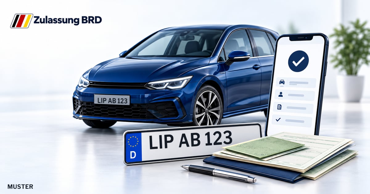 Online Fahrzeugzulassung in Landkreis Lippe: Musterkennzeichen LIP AB 123, Auto und Fahrzeugpapiere und Smartphone. Illustration mit Logo von Zulassung BRD.